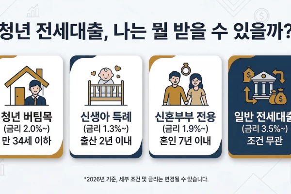 2026년 청년 전세대출 조건별 가이드 버팀목 일반 전세대출 비교 흐름도